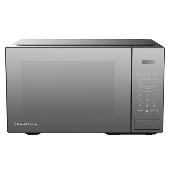 Russell Hobbs 30L Electronic Microwave with a Mirror Finish in Black color, featuring a digital LED display and control panel.