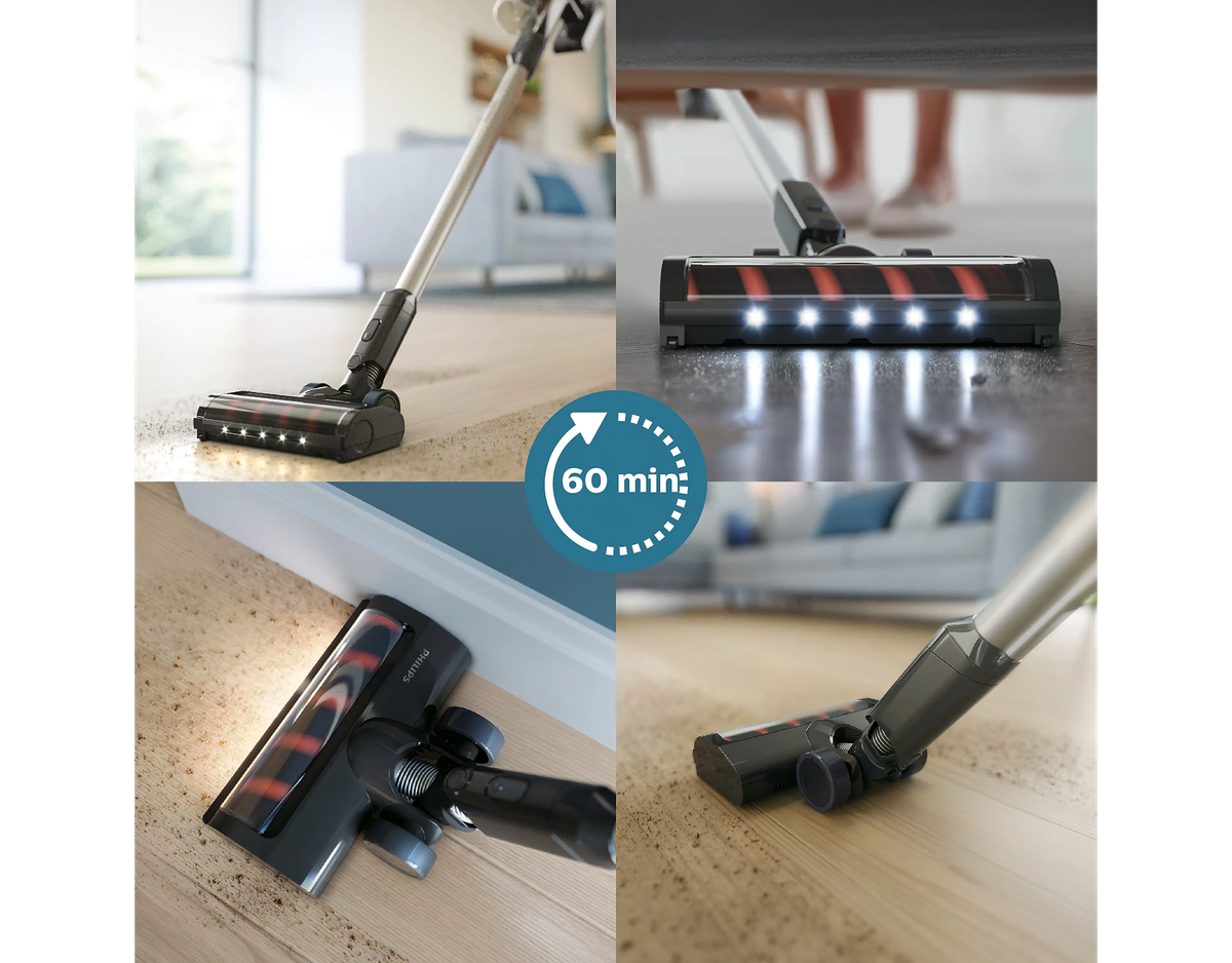 Collage of a vacuum cleaner cleaning different surfaces with a 60-minute battery life indicator.