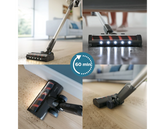Collage of a vacuum cleaner cleaning different surfaces with a 60-minute battery life indicator.