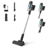 Multifunctional vacuum cleaner with various attachments on a white background